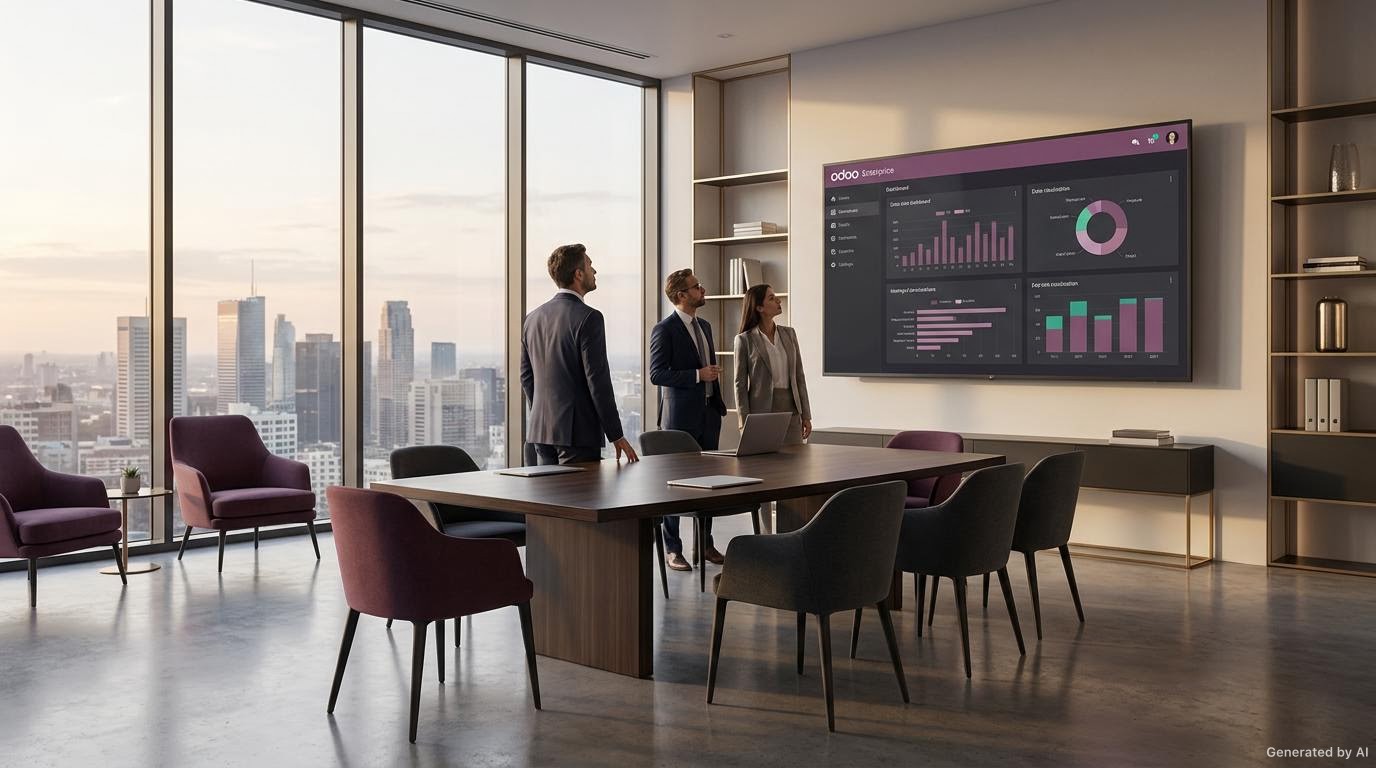 Không gian làm việc điều hành thể hiện triển khai Odoo cho doanh nghiệp